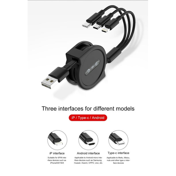 Horizontal Stripes Modern Black and White USB Charging Cable 3 in 1 Retractable Fast Charger Cord Connector for All Phones with Tablets 